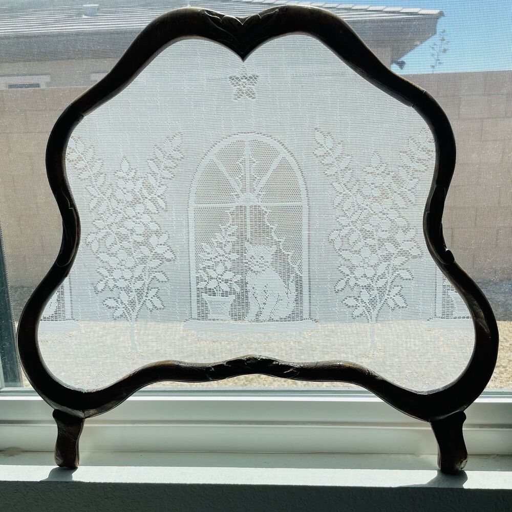 Vintage Dutch Lace Window Screen 20x16 Cat Kitten Wood Frame Privacy Panel Art